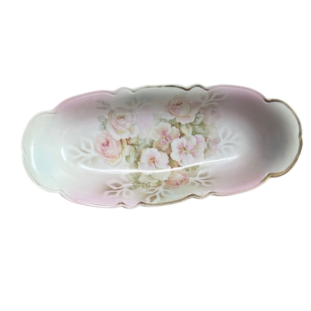 Vintage Hand painted Floral Oval Relish‎ Ceramic Dish Country Cottage Victorian